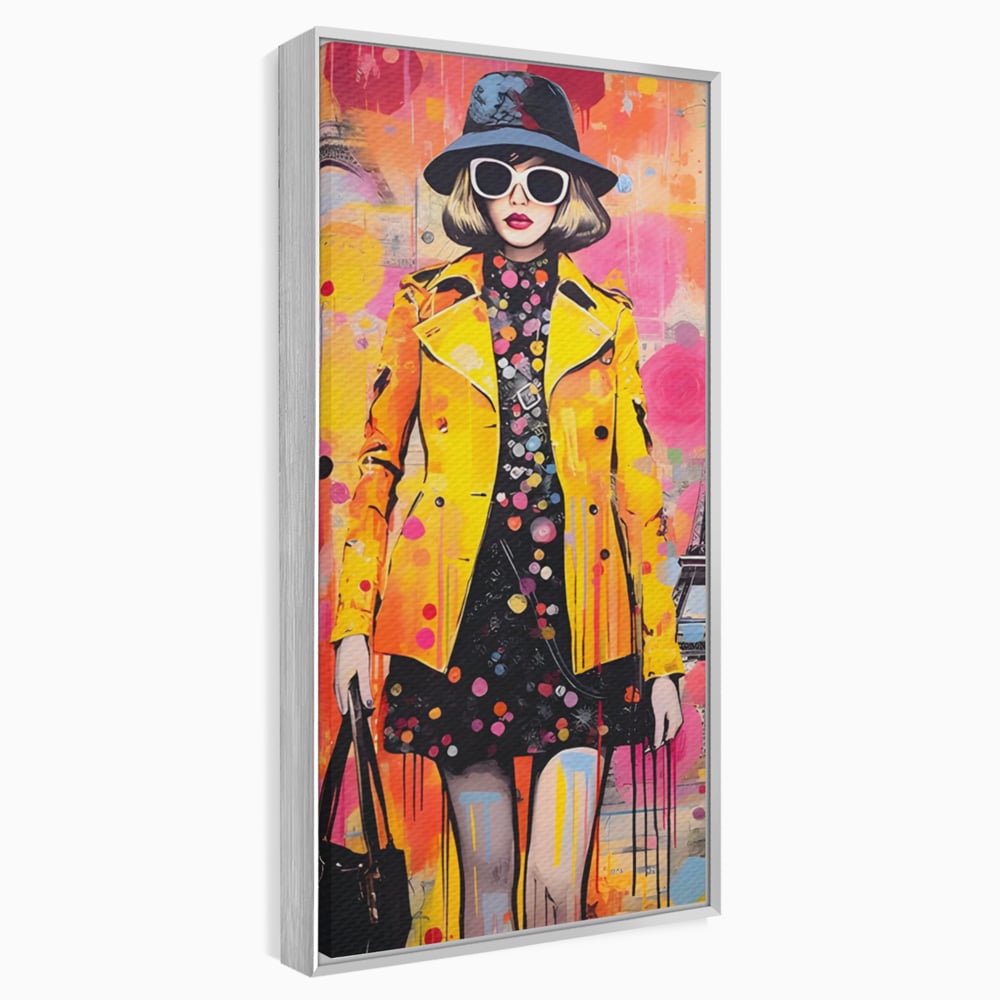 Tablou canvas cu tablou canvas cu ilustratie fashionista, in rama de aluminiu argintiu